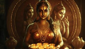 Lakshmi a radiante indiano deusa do riqueza e fortuna dentro artístico glória ai gerado foto