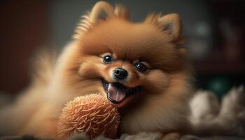 adorável pomerânia cachorro jogando com uma brinquedo bola ai gerado foto