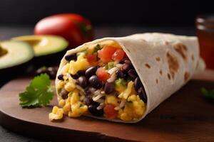 forte café da manhã burrito com mexidos ovos, legumes, e feijões ai gerado foto