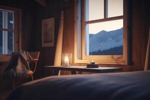 manhã Visão a partir de moderno de madeira cabine hotel quarto negligenciar arborizado montanhas ai gerado foto