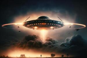 UFO a estrangeiro pires pairando acima a campo dentro a nuvens ai gerado foto
