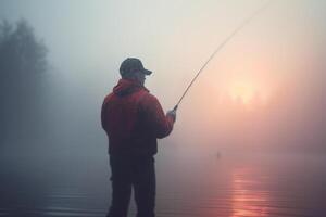 pescaria às alvorecer pescador dentro a enevoado lago com pescaria Cajado ai gerado foto