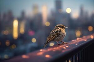 selvagem pássaro empoleirado em aço grade do fogo escapar, com urbano Horizonte durante pôr do sol dentro fundo ai gerado foto