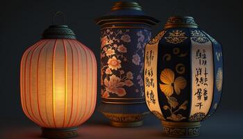 vibrante chinês papel lanternas suspensão dentro uma festivo configuração ai gerado foto