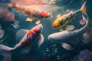 colorida chinês koi peixe natação embaixo da agua dentro uma pacífico lagoa ai gerado foto