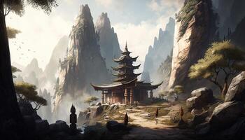 sereno beleza uma chinês têmpora aninhado dentro a montanhas ai gerado foto