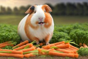 engraçado Guiné porco senta entre uma muitos do delicioso cenouras ai gerado foto