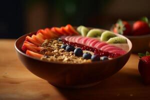 colorida fruta e granola tigela dentro uma de madeira tigela ai gerado foto