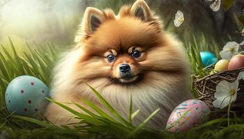 pomerânia cão encontra festivo Páscoa ovos dentro a florido campo ai gerado foto