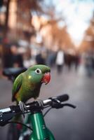 colorida papagaio empoleirado em bicicleta guiador dentro ocupado cidade ai gerado foto