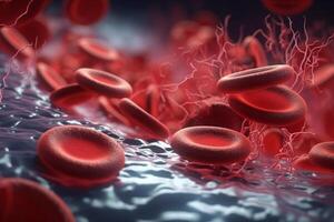 vívido Visão do vermelho sangue células debaixo a microscópio ai gerado foto