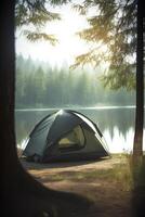 manhã reflexões uma barraca de a floresta lago às alvorecer, acampamento ai gerado foto