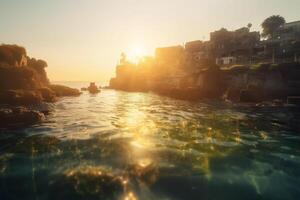 pôr do sol Visão do antigo ruínas em litoral com ondas dentro primeiro plano ai gerado foto