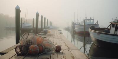 enevoado manhã em a cais pescaria engrenagem e barcos ai gerado foto