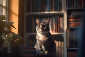 sofisticado felino uma gato dentro uma moderno apartamento cercado de livros ai gerado foto