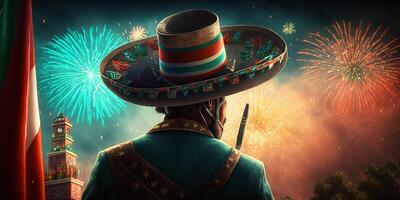 vibrante cena do mexicano celebrantes dentro tradicional roupas assistindo fogos de artifício comemoro mexicano independência dia ai gerado foto