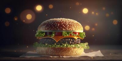 suculento Hamburger com bokeh fundo, delicioso velozes Comida ilustração ai gerado foto
