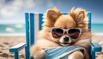 à moda pomerânia cachorro descansando dentro uma de praia cadeira vestindo oculos de sol ai gerado foto