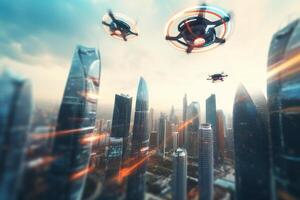 Horizonte cruzador futurista cidade exploração com alimentado por IA vôo carros ai gerado foto