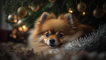 adorável pomerânia cachorro sentado debaixo uma Natal árvore ai gerado foto