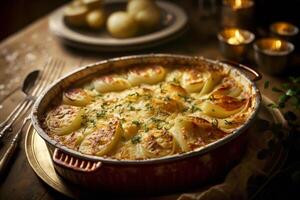 cremoso e delicioso gratinado dauphinois - uma clássico francês batata prato ai gerado foto