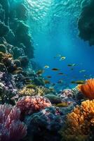 colorida coral recife com peixe dentro Claro azul água, embaixo da agua fotografia ai gerado foto