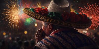 a comemorar Novo anos com uma homem dentro tradicional mexicano roupas e uma mexicano chapéu ai gerado foto