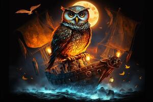 ilustração do a coruja em uma pirata navio dentro a mar ai gerado foto
