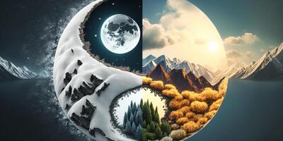 ilustração do yin yang símbolo com temporadas gerado conteúdo ai gerado foto