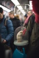 branco pássaro dentro uma cela em uma metrô trem cercado de pessoas ai gerado foto