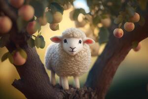 fofa e engraçado de lã ovelha entre maçãs dentro uma exuberante horário de verão maçã árvore ai gerado foto