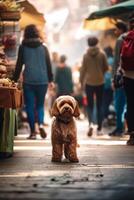 solitário cachorro em uma ocupado mercado procurando para Está proprietário ai gerado foto