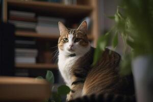 sofisticado felino uma gato dentro uma moderno apartamento cercado de livros ai gerado foto