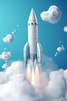 branco foguete modelo vôo através nublado azul céu Como uma símbolo do comece sucesso e inovação ai gerado foto