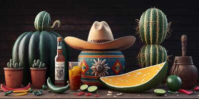 uma cinco de maionese mexicano ainda vida com bokeh, uma mexicano chapéu e cactos ai gerado foto