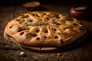 uma fatia do provence aromático fougasse pão com Oliva óleo e ervas ai gerado foto