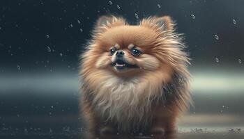 uma doce pomerânia cachorro sentado dentro a chuva, tremendo fora a pingos de chuva ai gerado foto