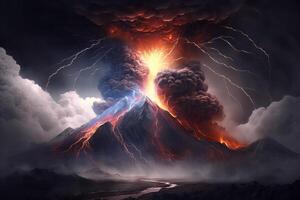 ilustração montanha com vulcânico erupção nuvens tempestade relâmpago ai gerado foto
