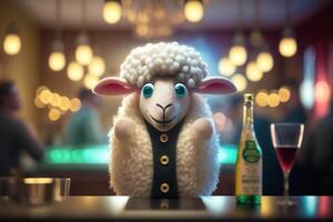 fofa e Hilário de lã ovelha servindo Como uma barman dentro uma Barra ai gerado foto
