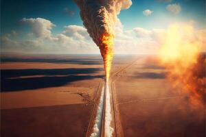aéreo Visão do uma devastador gasoduto explosão dentro a coração do a deserto ai gerado foto