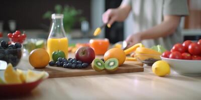 brilhante cozinha com de madeira bancada, abundante frutas e vegetais, e embaçado chefe de cozinha dentro a fundo ai gerado foto