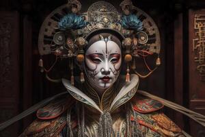 encantador retrato do fêmea artista dentro tradicional chinês ópera mascarar ai gerado foto