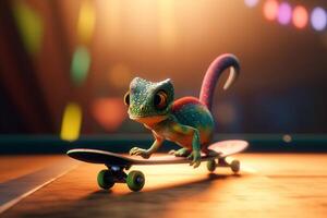 patinação através a cidade uma legal fotorrealista desenho animado camaleão em uma skate ai gerado foto