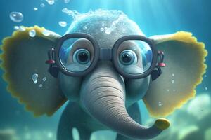 adorável pequeno elefante mergulhos embaixo da agua com uma snorkel mascarar ai gerado foto