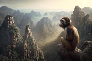 a pequeno chinês macaco olhando sobre a majestoso montanhas e vales ai gerado foto