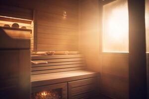sereno sauna oásis caloroso de madeira interior banhado dentro luz solar ai gerado foto