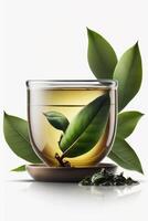 refrescante verde chá dentro uma Claro vidro em branco fundo ai gerado foto