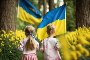 liberdade dentro flor crianças caminhando com ucraniano bandeiras através uma amarelo flor campo Como uma símbolo do esperança ai gerado foto