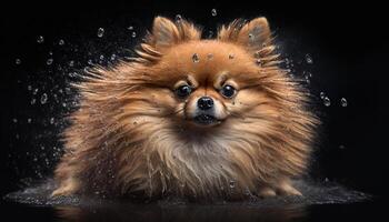 uma doce pomerânia cachorro sentado dentro a chuva, tremendo fora a pingos de chuva ai gerado foto