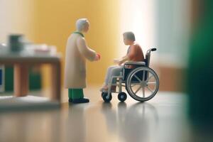 plástico estatuetas representando médico e paciente dentro cadeira de rodas dentro hospital quarto ai gerado foto